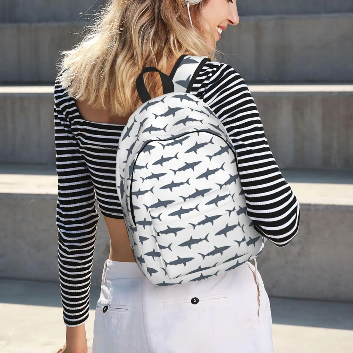Fish And Shark Print Canvas Backpack Women,Mens Travel Casual Daypack Bookbag For Laptop Work Travel Hiking