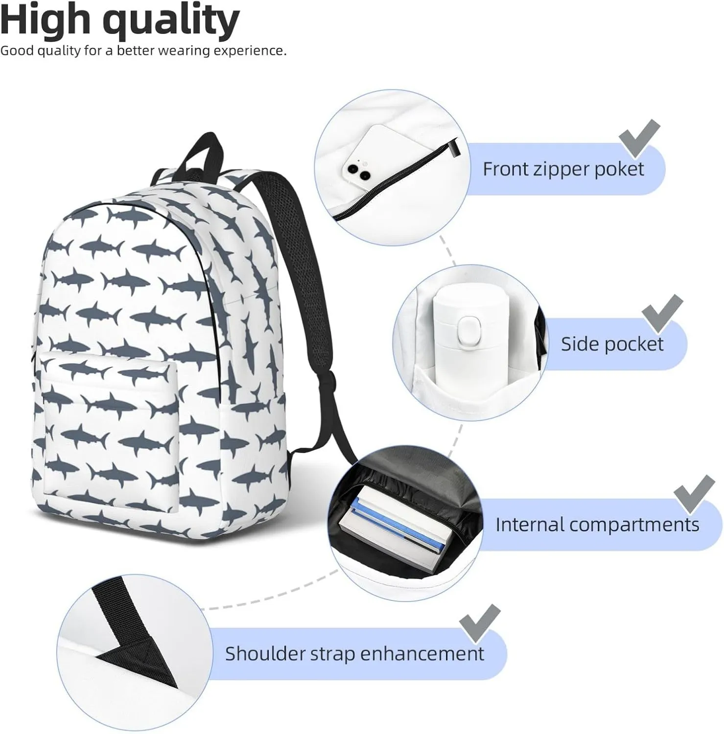 Fish And Shark Print Canvas Backpack Women,Mens Travel Casual Daypack Bookbag For Laptop Work Travel Hiking