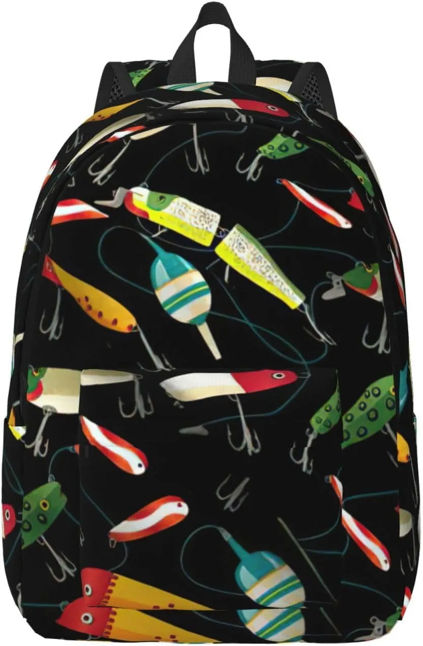 Fishing Lure Print Canvas Backpack Women,Mens Travel Casual Daypack Bookbag For Laptop Work Travel Hiking