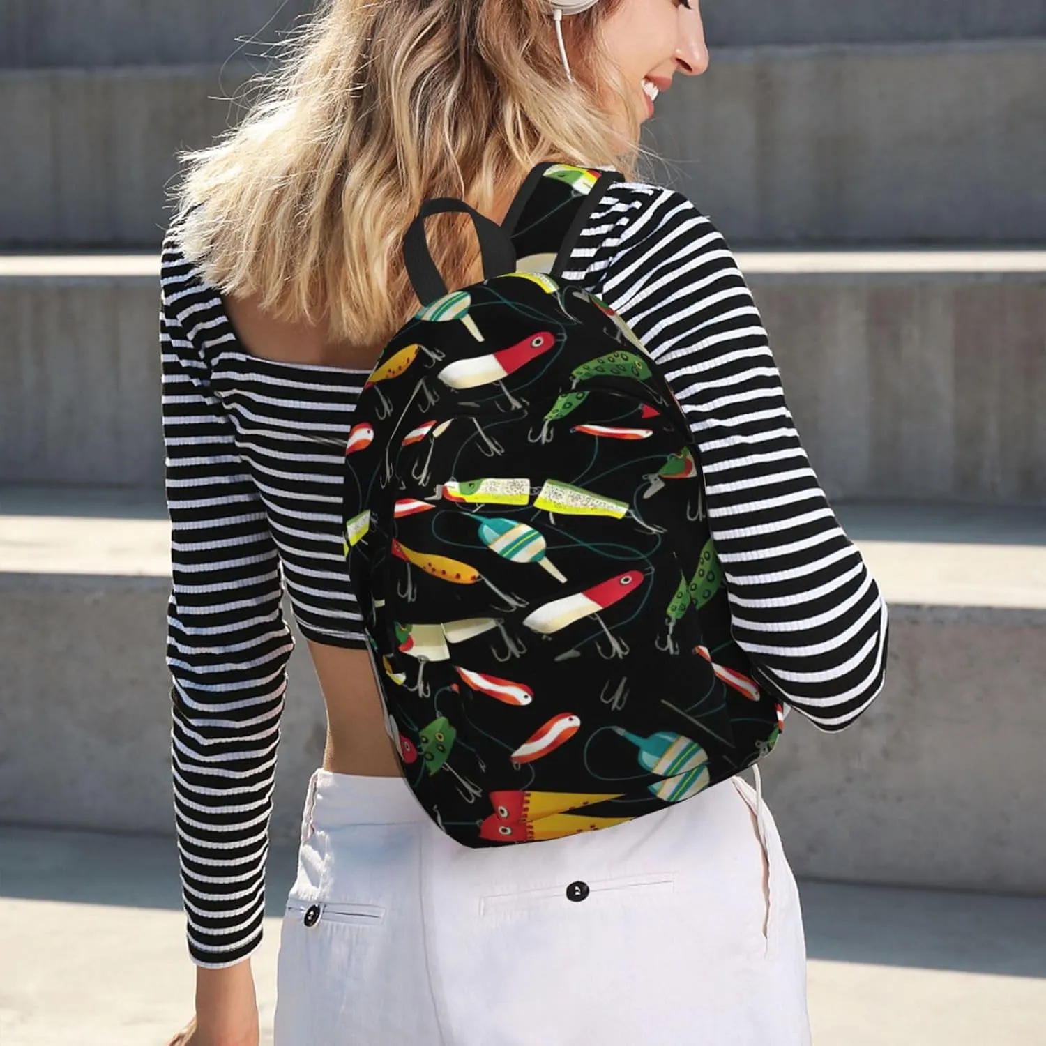Fishing Lure Print Canvas Backpack Women,Mens Travel Casual Daypack Bookbag For Laptop Work Travel Hiking