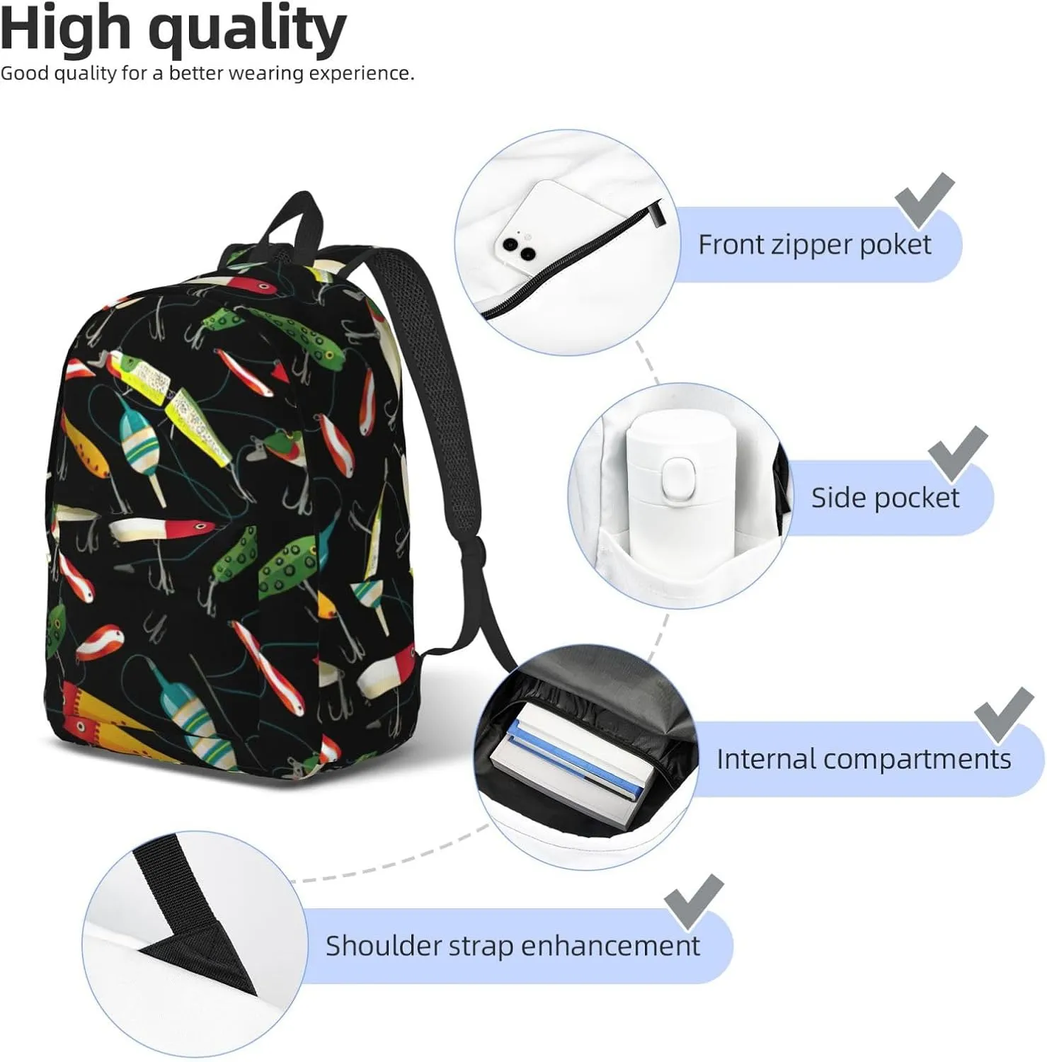 Fishing Lure Print Canvas Backpack Women,Mens Travel Casual Daypack Bookbag For Laptop Work Travel Hiking
