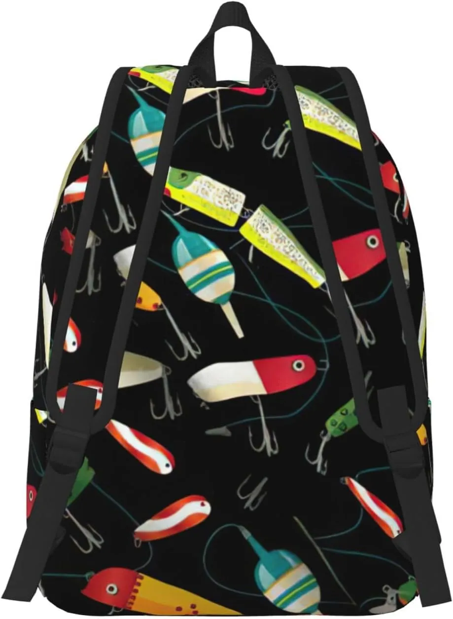 Fishing Lure Print Canvas Backpack Women,Mens Travel Casual Daypack Bookbag For Laptop Work Travel Hiking