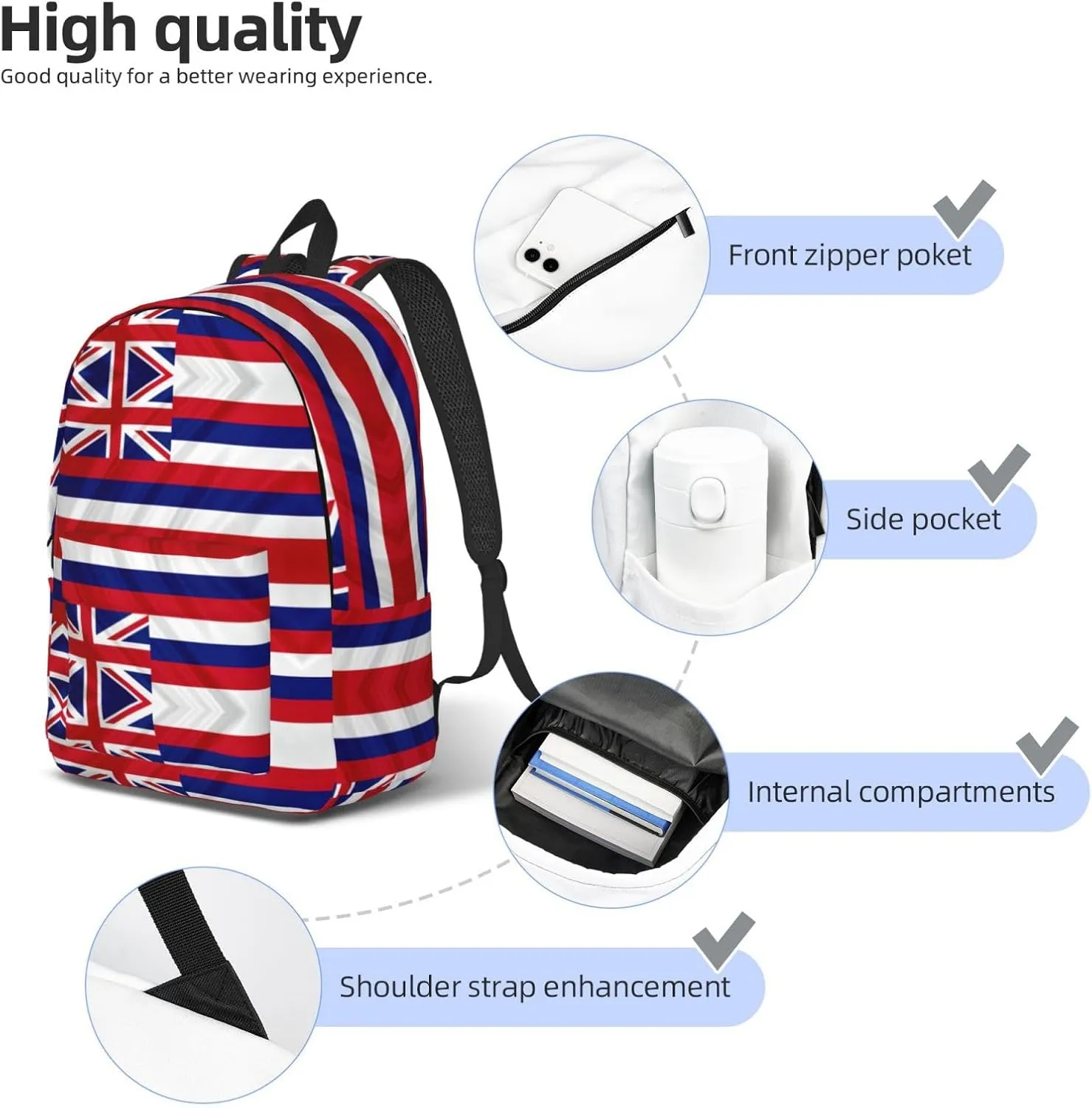 Flag Of Hawaii American Print Canvas Backpack Women,Mens Travel Casual Daypack Bookbag For Laptop Work Travel Hiking