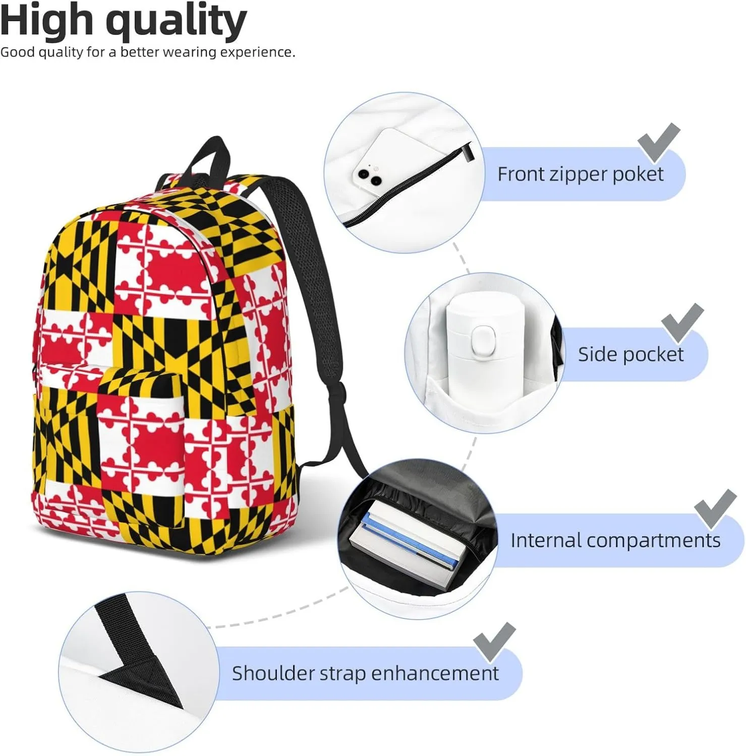 Flag Of Maryland Print Canvas Backpack Women,Mens Travel Casual Daypack Bookbag For Laptop Work Travel Hiking