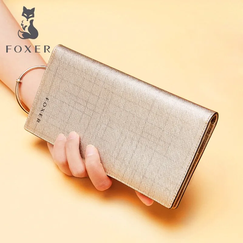 FOXER Women Cow Leather Long Wallet Fashion Classic Cellphone Bag for Female Designer Ladies Purse Large Capacity Card Holder