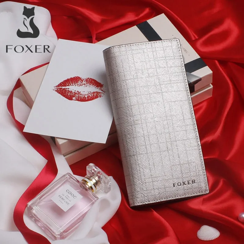 FOXER Women Cow Leather Long Wallet Fashion Classic Cellphone Bag for Female Designer Ladies Purse Large Capacity Card Holder