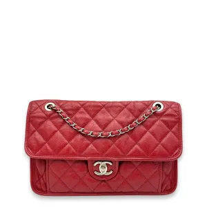 French Riviera Red Shoulder Bag in Caviar Leather, Silver hardware
