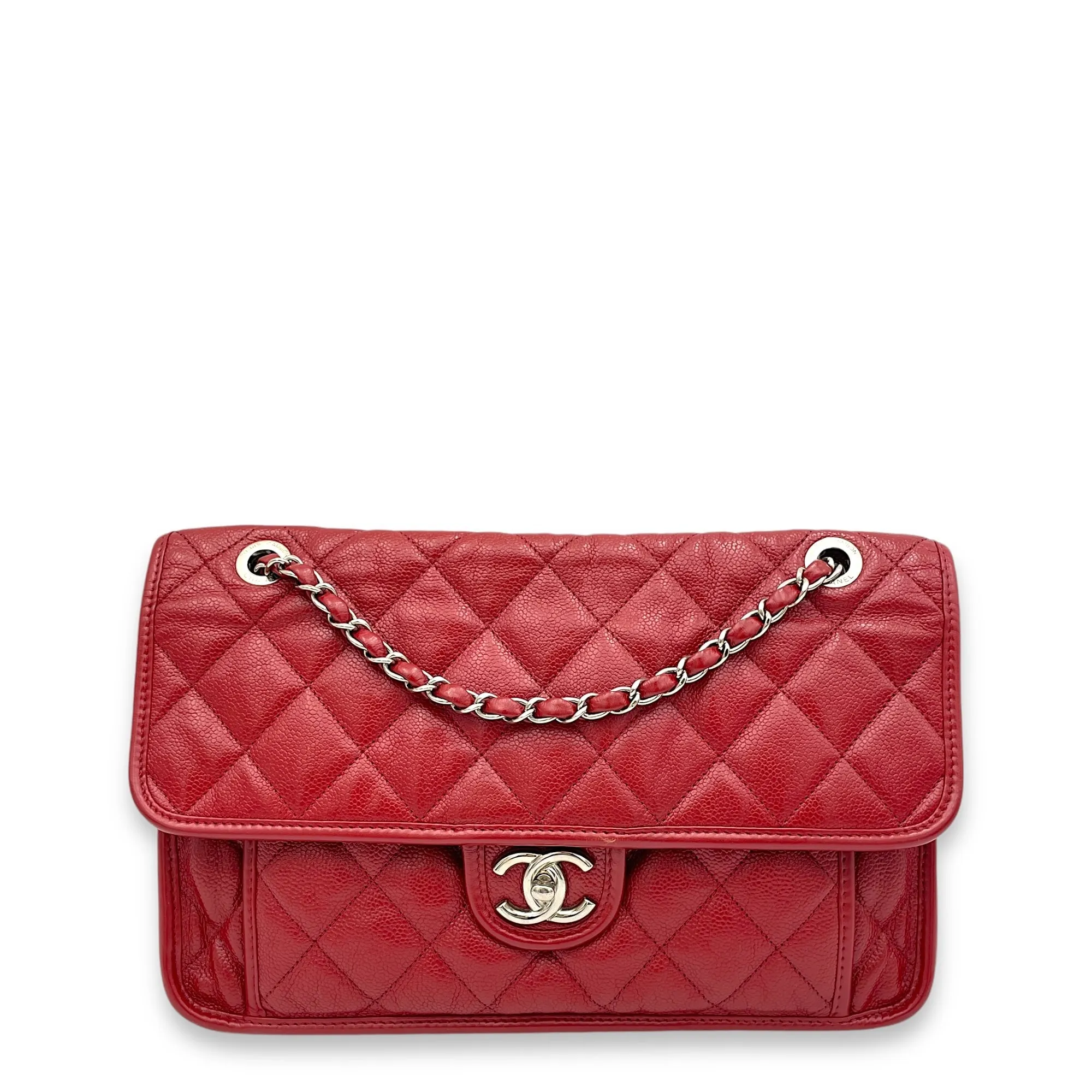 French Riviera Red Shoulder Bag in Caviar Leather, Silver hardware