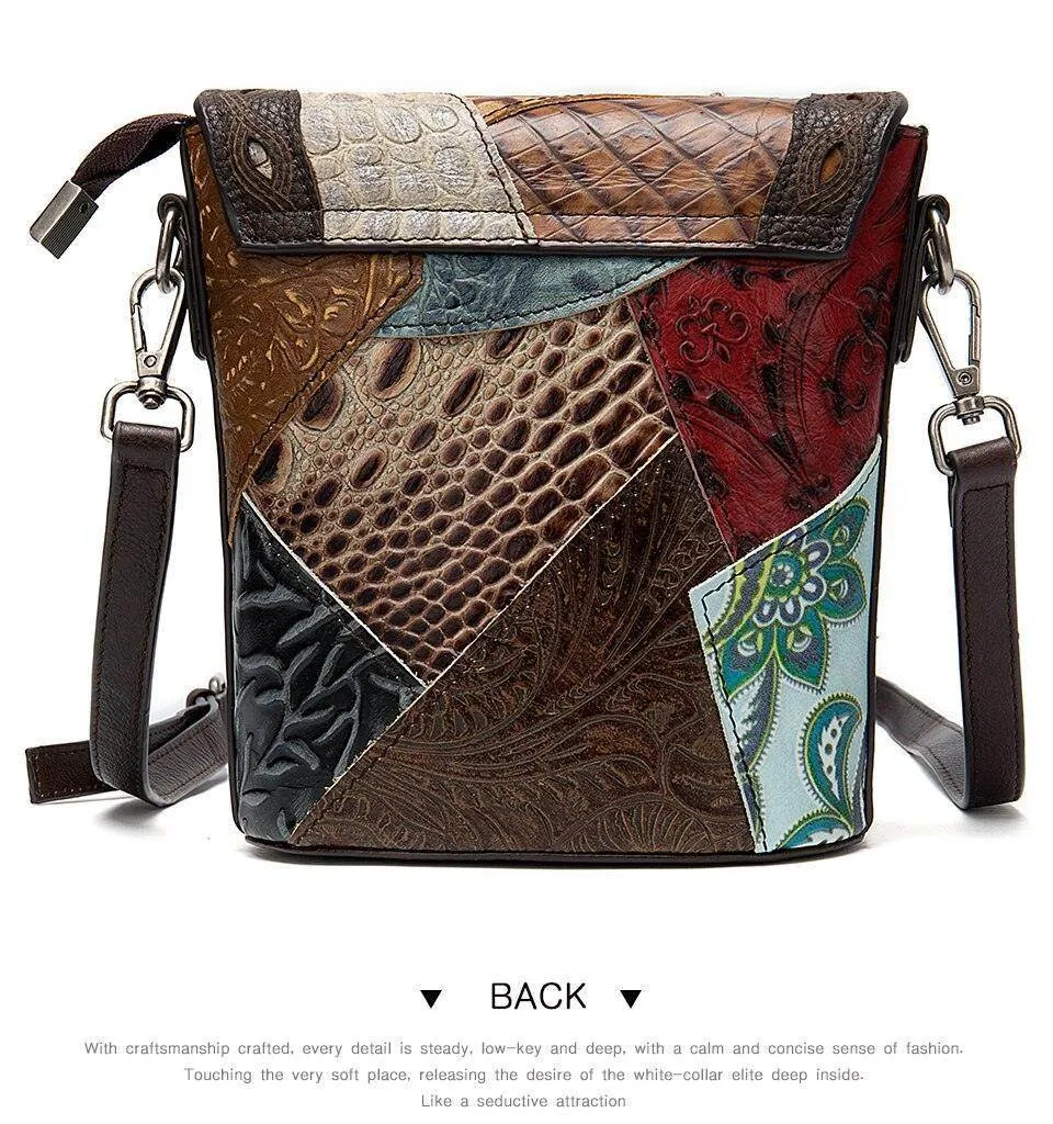 Genuine Leather Hobo Handbag Textured Patchwork Crossbody