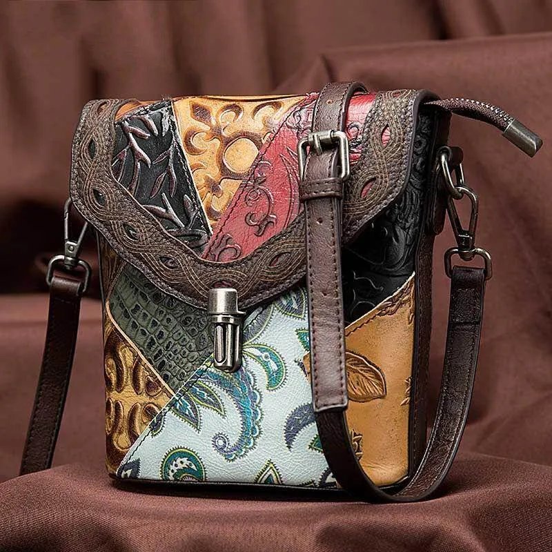 Genuine Leather Hobo Handbag Textured Patchwork Crossbody