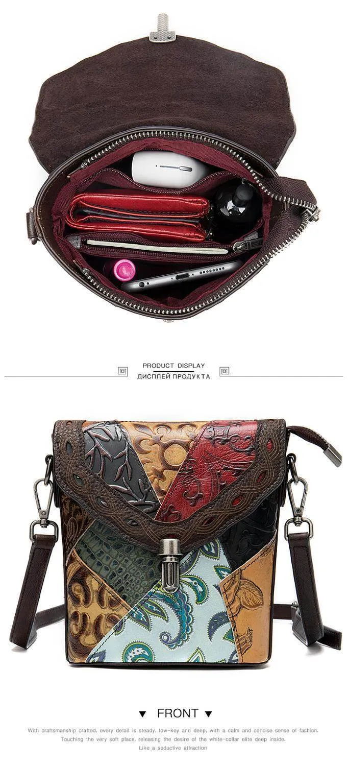 Genuine Leather Hobo Handbag Textured Patchwork Crossbody
