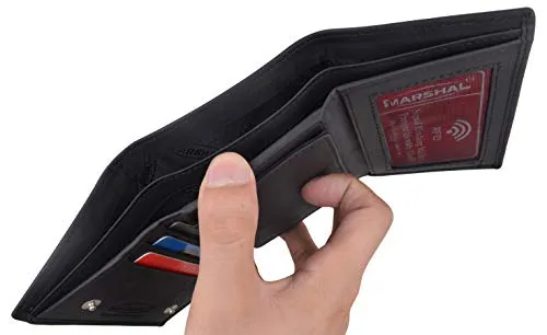 Genuine Leather RFID Blocking Police Badge Holder Trifold Wallet Black with Snap Closure