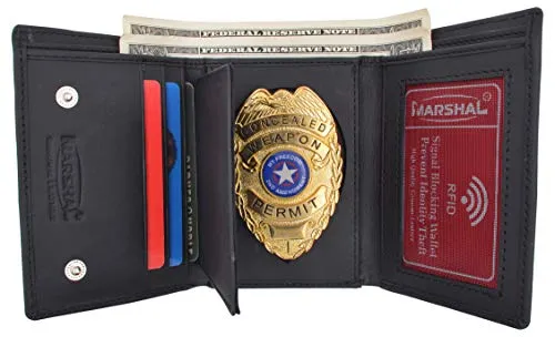 Genuine Leather RFID Blocking Police Badge Holder Trifold Wallet Black with Snap Closure