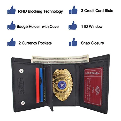 Genuine Leather RFID Blocking Police Badge Holder Trifold Wallet Black with Snap Closure