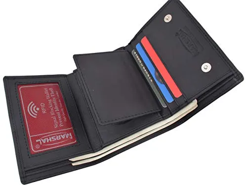 Genuine Leather RFID Blocking Police Badge Holder Trifold Wallet Black with Snap Closure