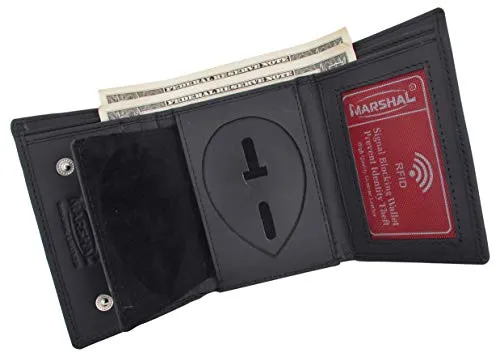 Genuine Leather RFID Blocking Police Badge Holder Trifold Wallet Black with Snap Closure