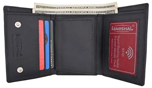 Genuine Leather RFID Blocking Police Badge Holder Trifold Wallet Black with Snap Closure