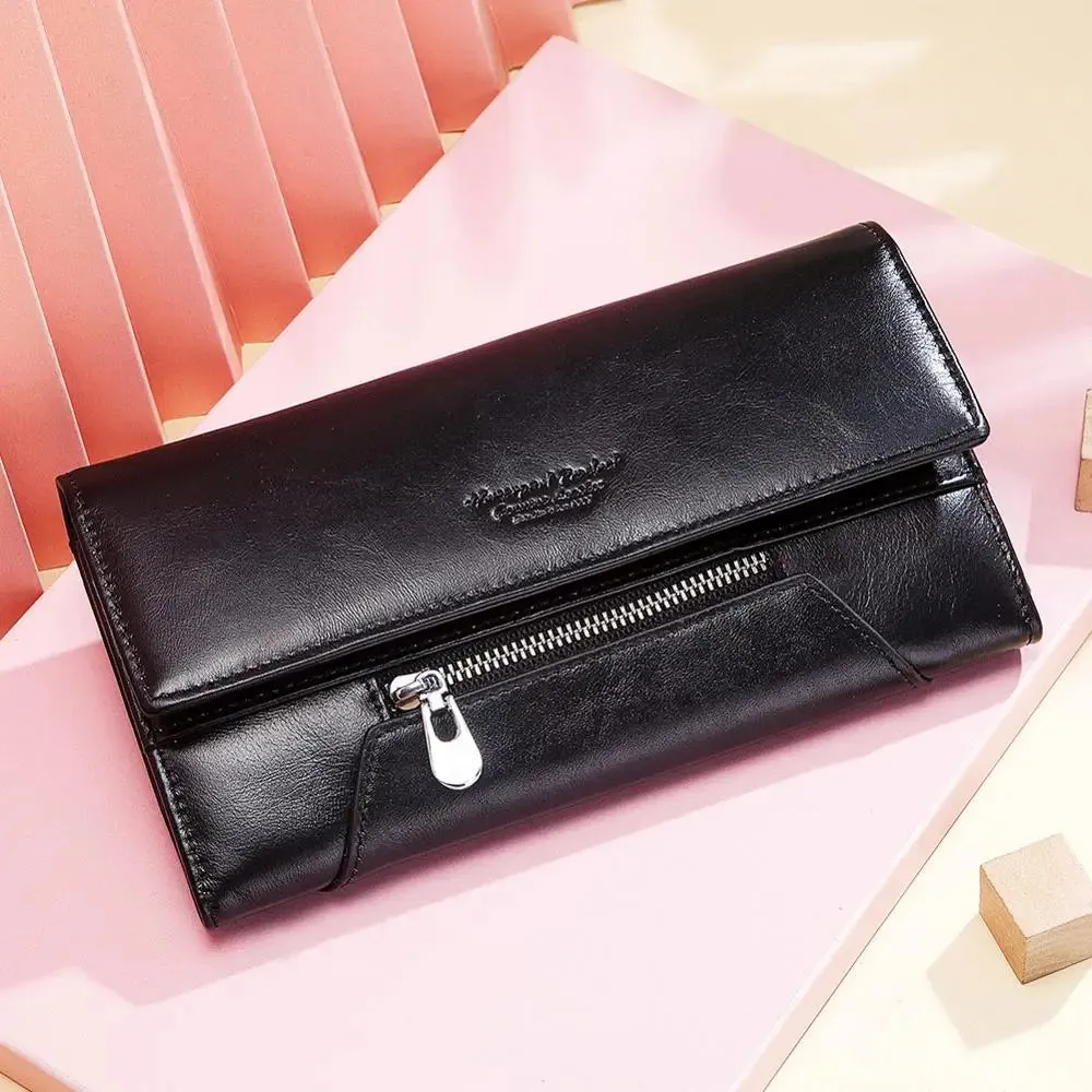Genuine Leather Women's Wallet RFID Blocking Trifold Wallets with Credit Cards Holder