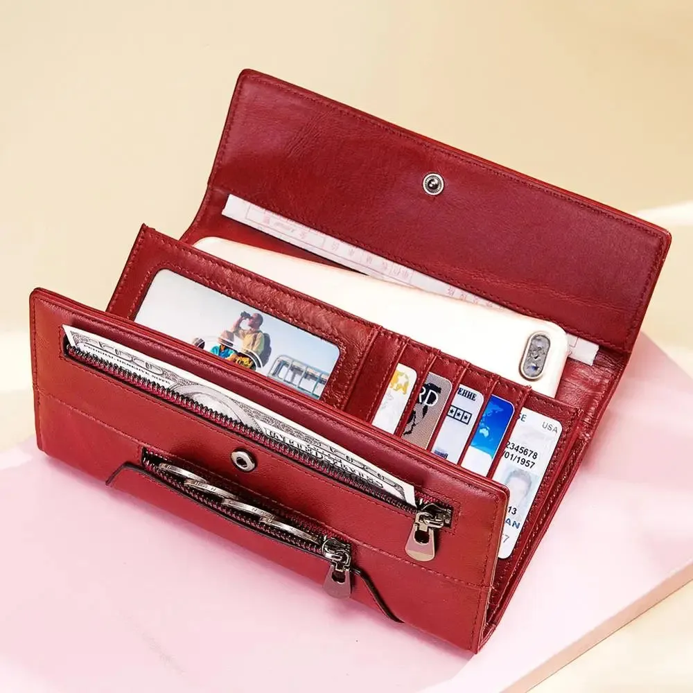 Genuine Leather Women's Wallet RFID Blocking Trifold Wallets with Credit Cards Holder