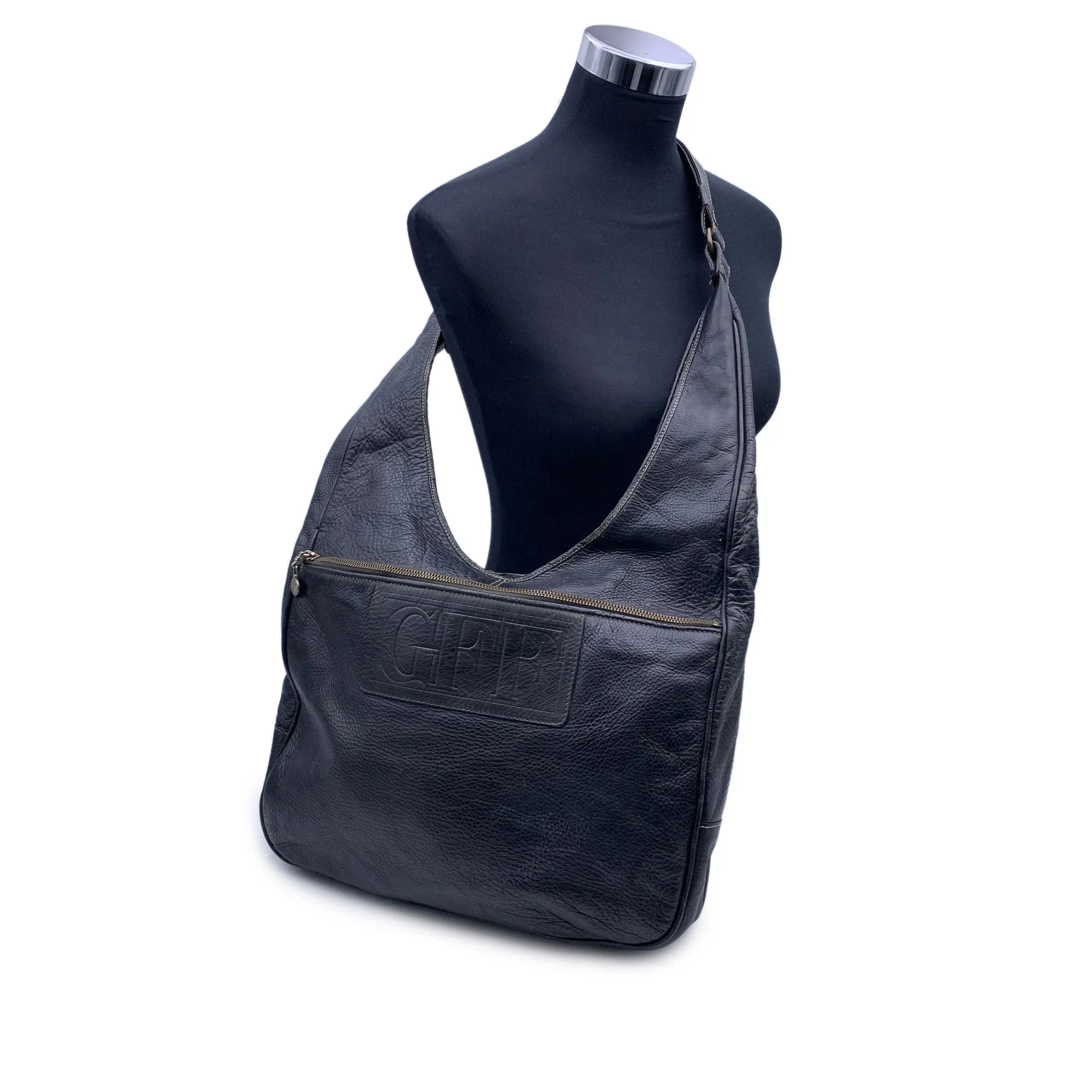 Gianfranco Ferre Vintage Black Leather Large Hobo Shoulder Bag