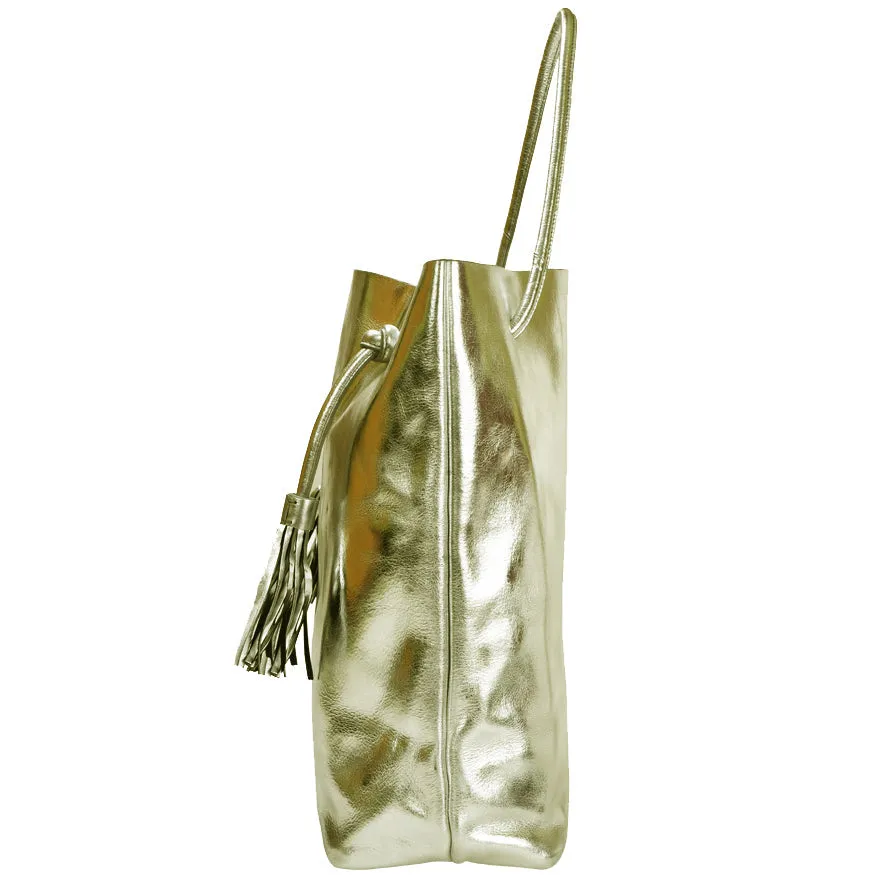 Gold Drawcord Metallic Leather Hobo Shoulder Bag