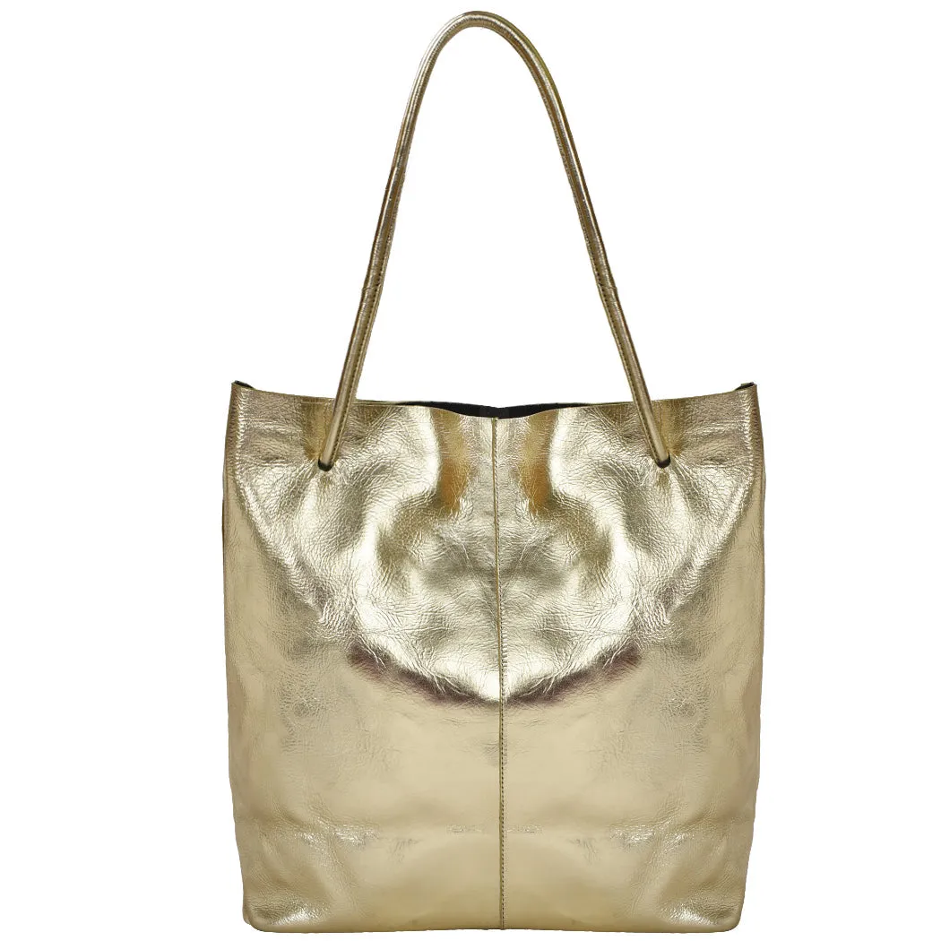 Gold Drawcord Metallic Leather Hobo Shoulder Bag