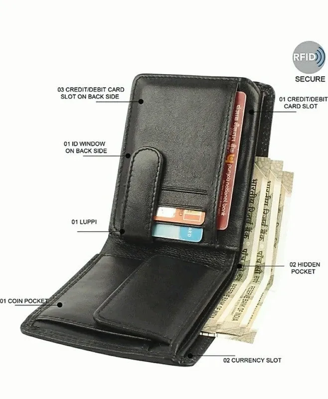 GOUS Men Trendy, Formal Black Genuine Leather Wallet (10 Card Slots)