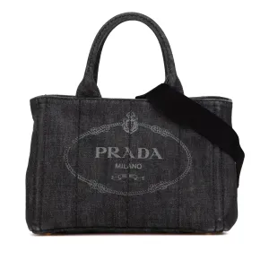 Gray Prada Small Denim Canapa Logo Satchel