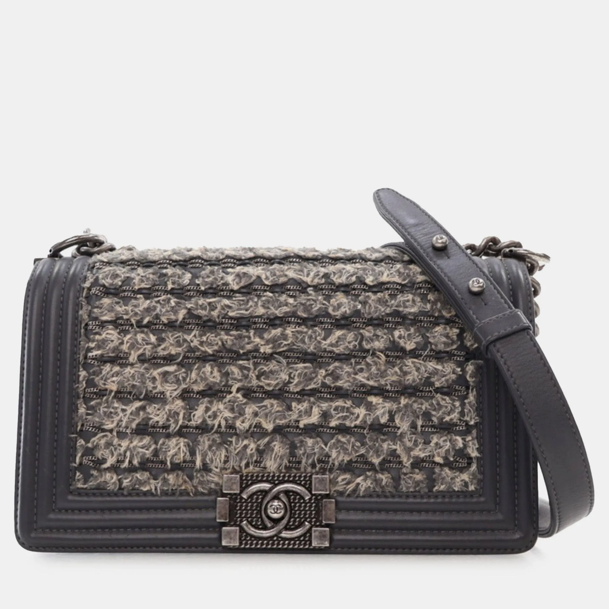 Gray Tweed and Calfskin Leather Medium Braided Boy Flap Bag