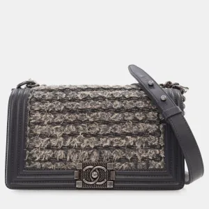 Gray Tweed and Calfskin Leather Medium Braided Boy Flap Bag