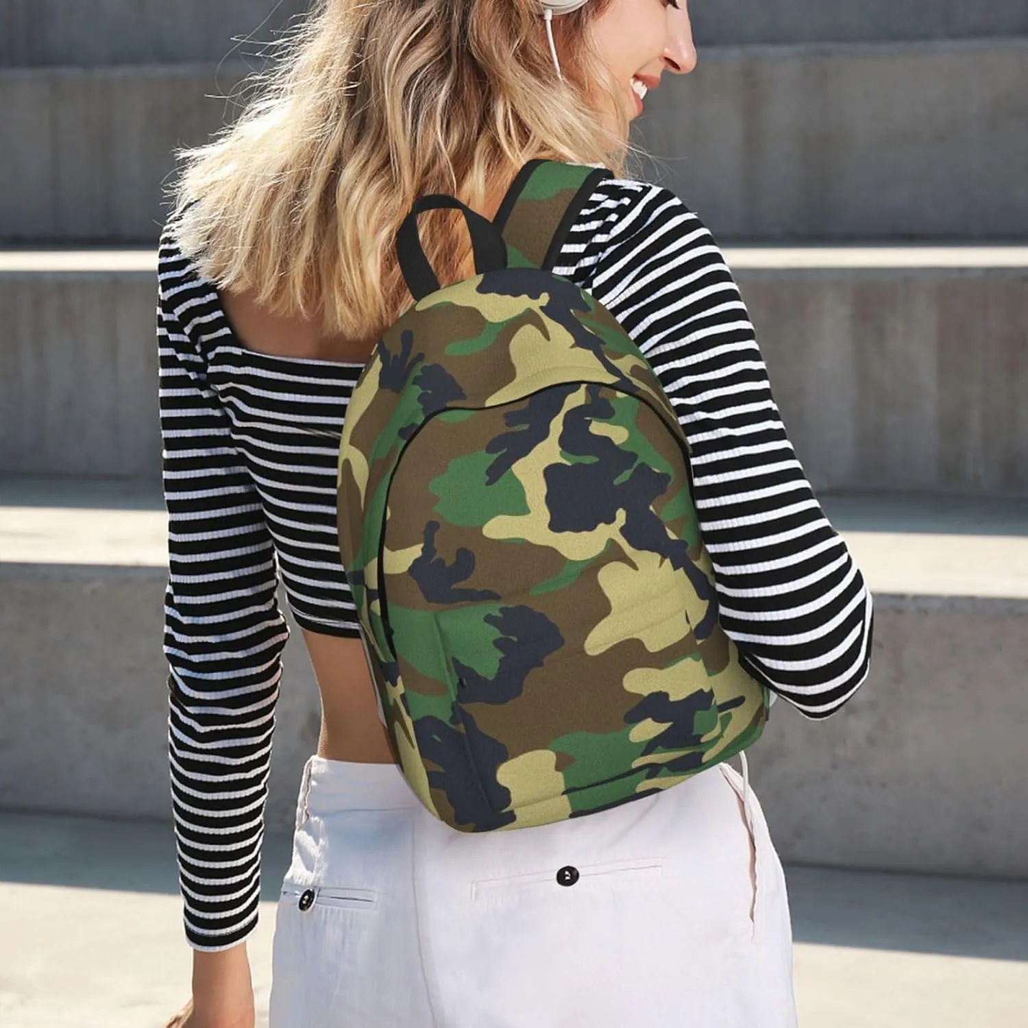 Green Military Camo Print Canvas Backpack Women,Mens Travel Casual Daypack Bookbag For Laptop Work Travel Hiking