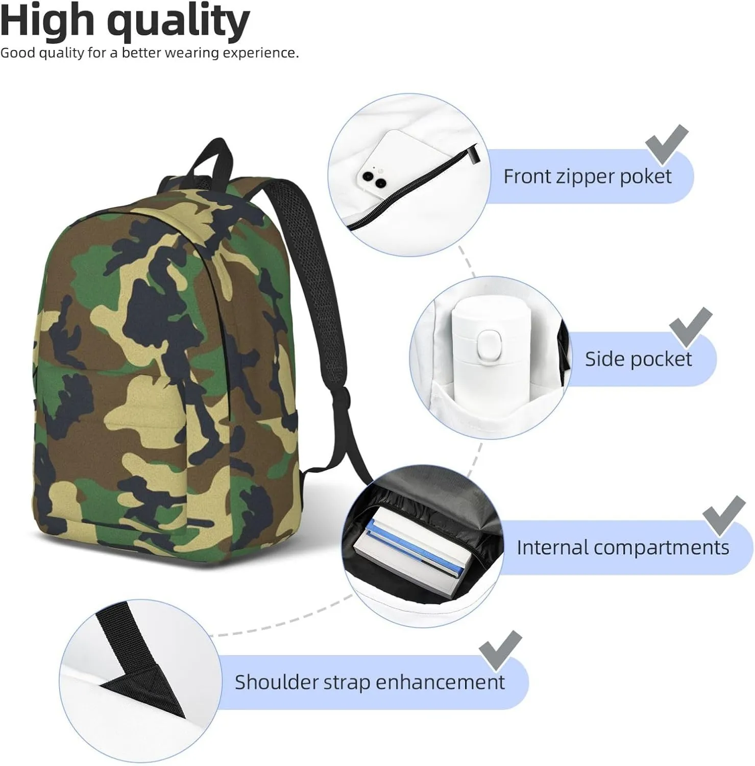 Green Military Camo Print Canvas Backpack Women,Mens Travel Casual Daypack Bookbag For Laptop Work Travel Hiking