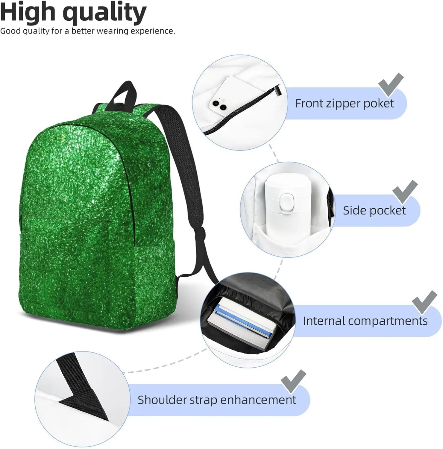 Green Sequin Sparkle Print Canvas Backpack Women,Mens Travel Casual Daypack Bookbag For Laptop Work Travel Hiking