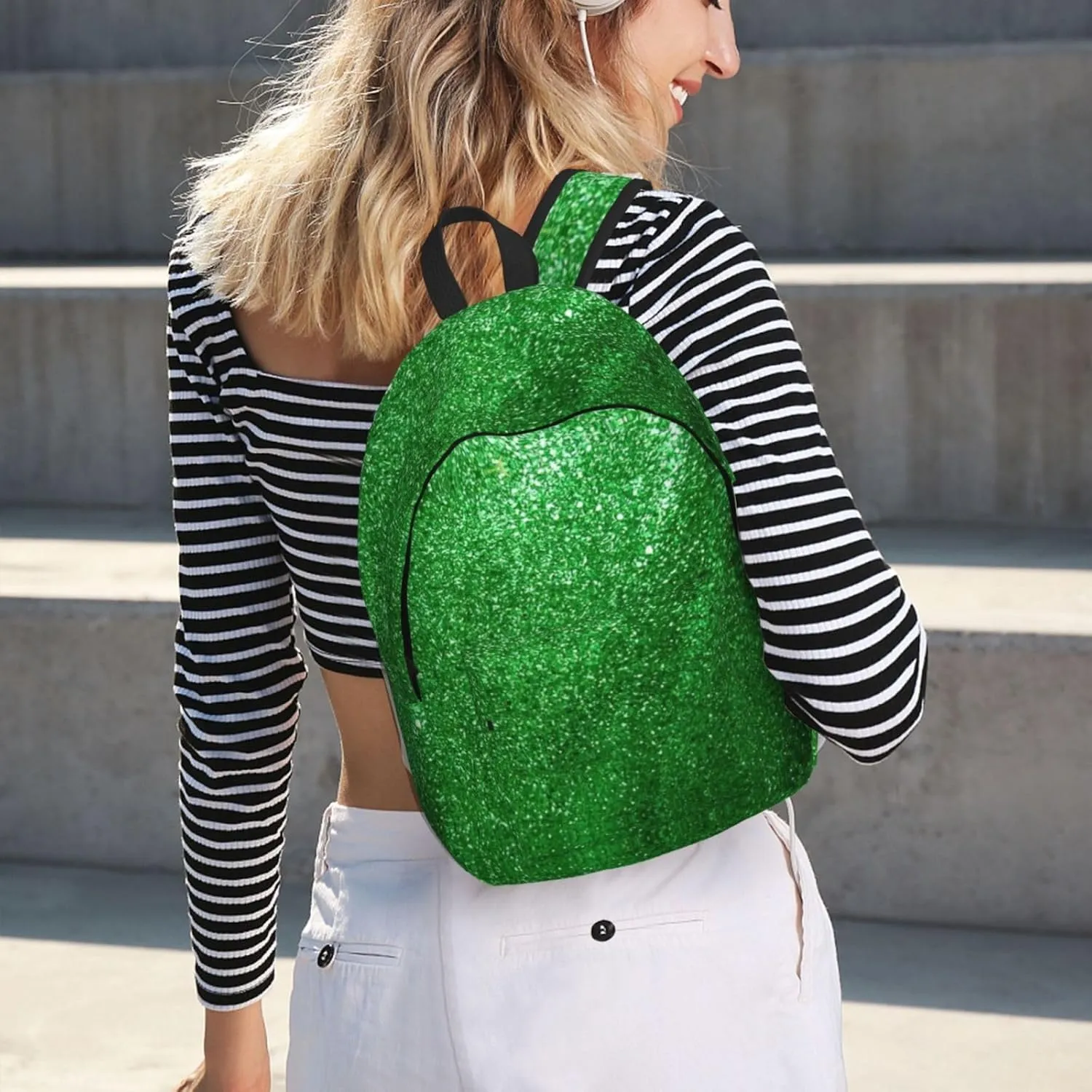 Green Sequin Sparkle Print Canvas Backpack Women,Mens Travel Casual Daypack Bookbag For Laptop Work Travel Hiking