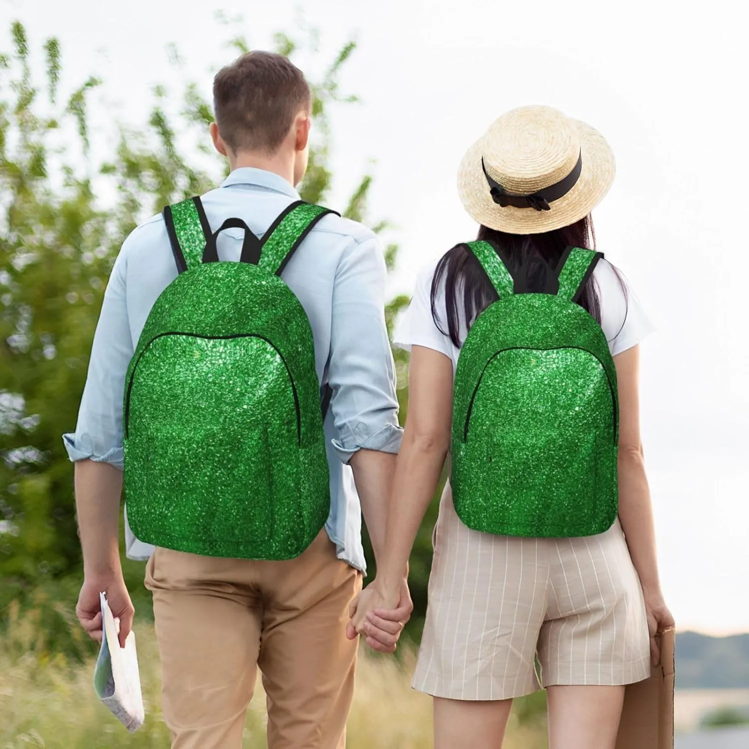 Green Sequin Sparkle Print Canvas Backpack Women,Mens Travel Casual Daypack Bookbag For Laptop Work Travel Hiking