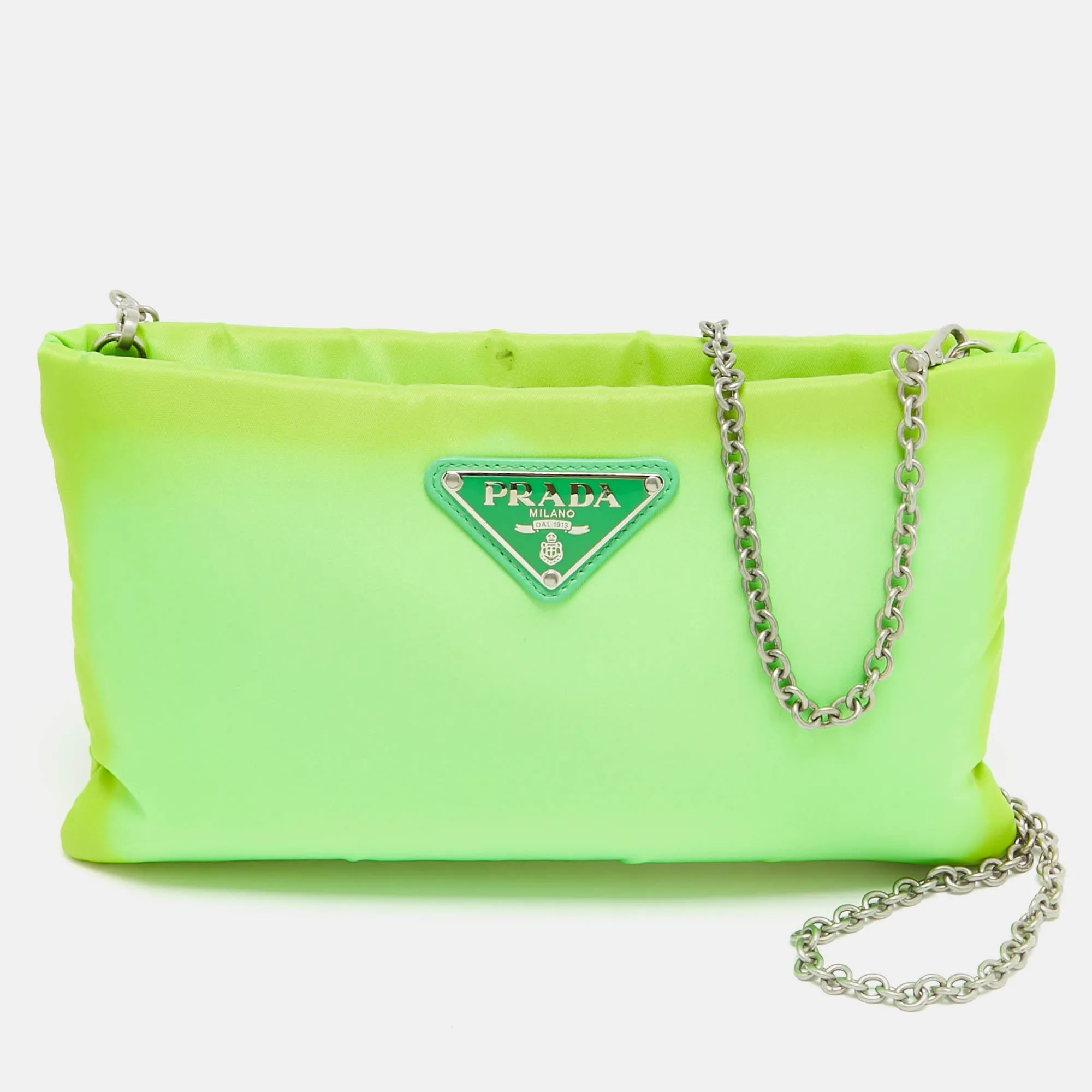 Green Tessuto Nylon Logo Chain Clutch