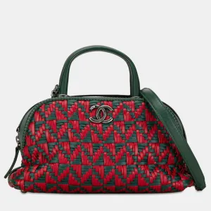 Green/Red Calfskin Woven Leather Bowling Bag
