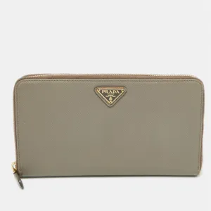 Grey Saffiano Oro Leather Cheque Book Zip Wallet