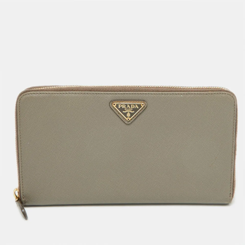 Grey Saffiano Oro Leather Cheque Book Zip Wallet