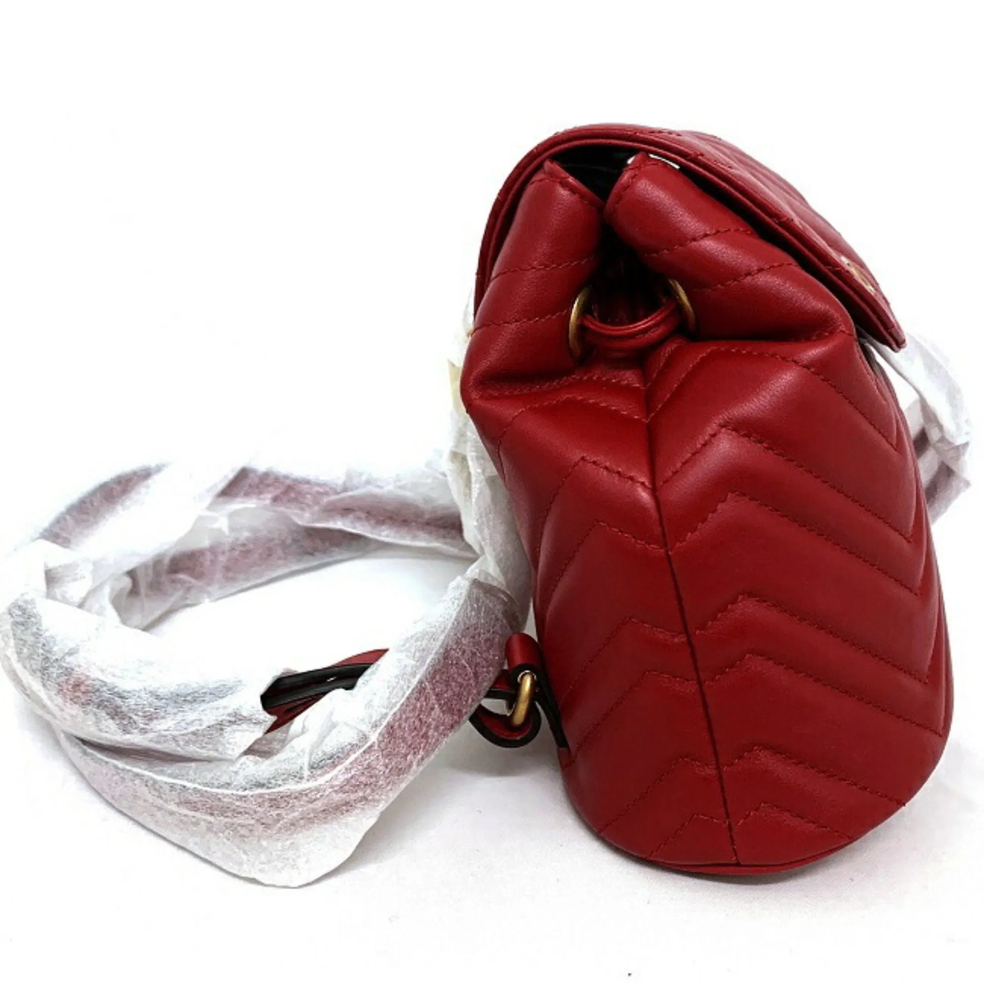 Gucci Backpack Red Gold Marmont 528129 Flap Leather Gucci GG Quilting Chain Women's Double G