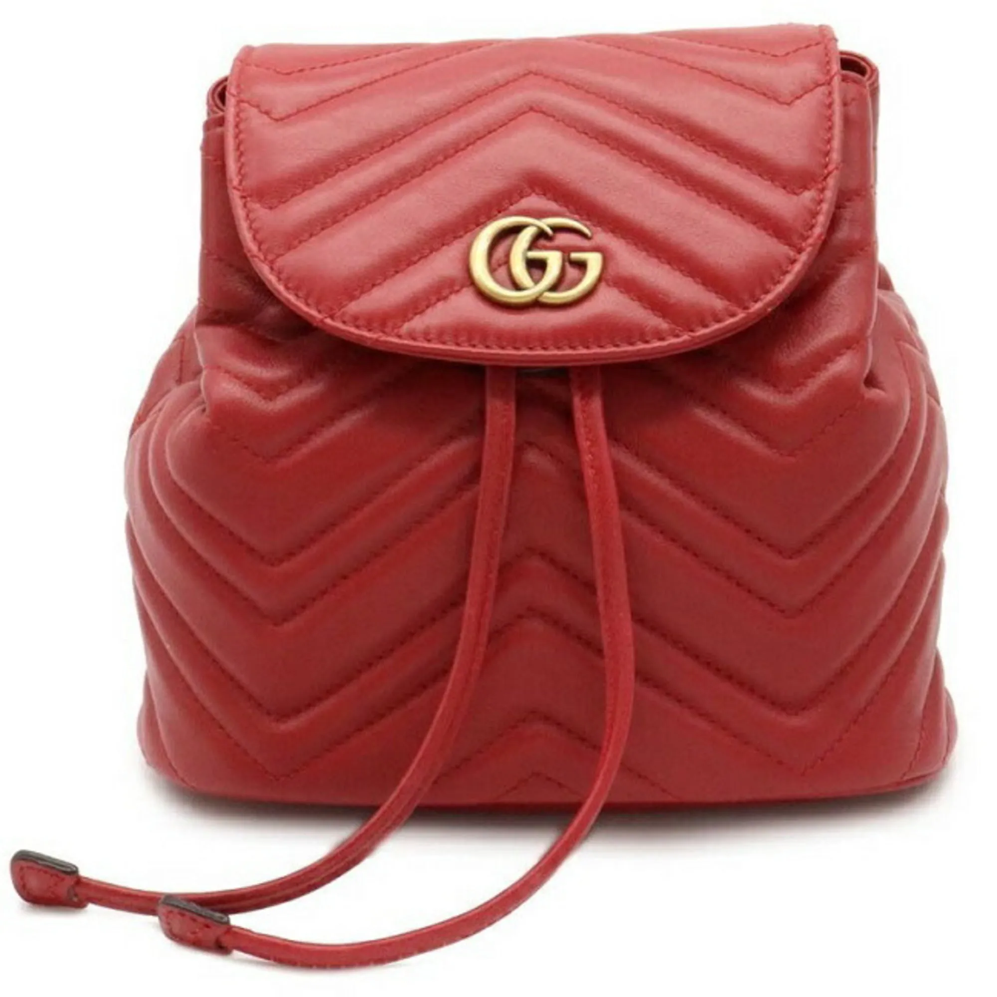 Gucci Backpack Red Gold Marmont 528129 Flap Leather Gucci GG Quilting Chain Women's Double G