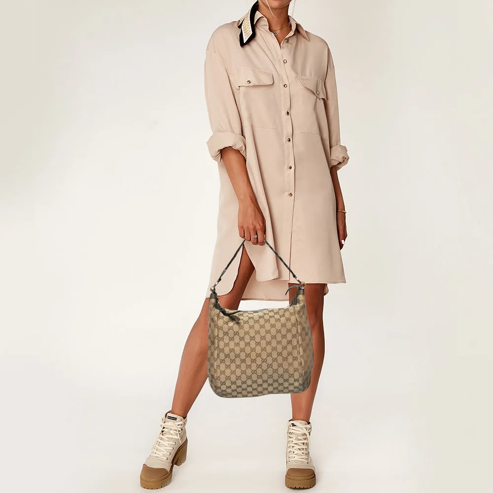Gucci Beige/Olive Green GG Canvas and Leather Bamboo Bar Hobo