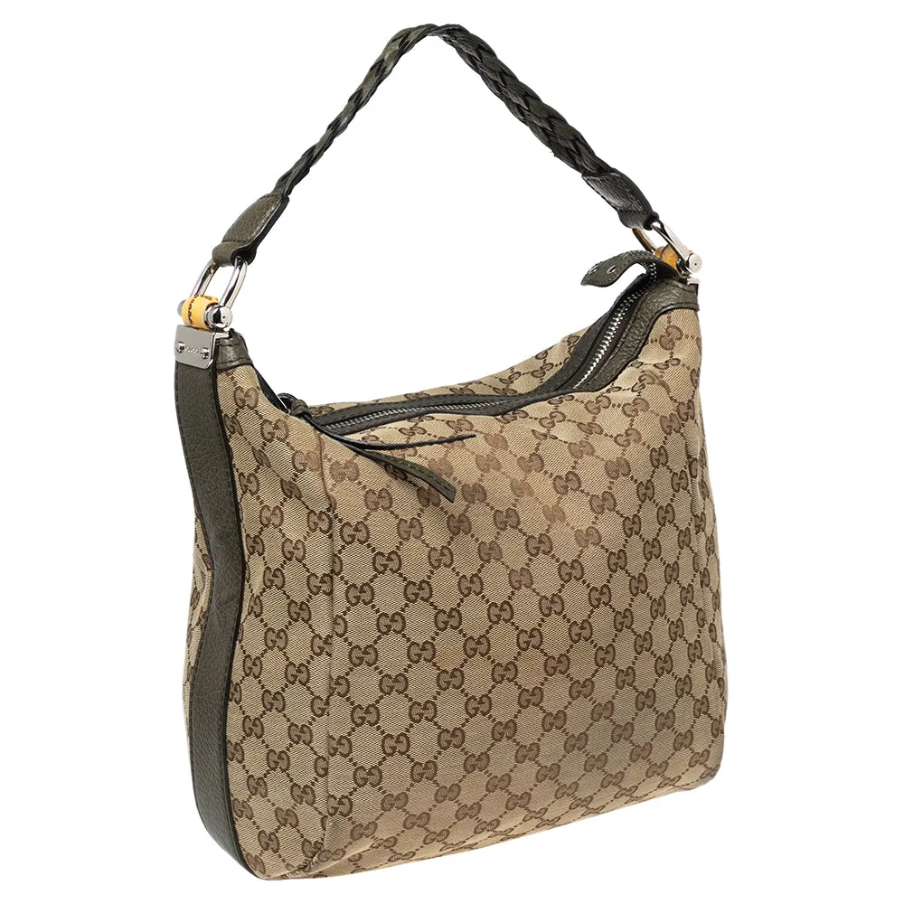 Gucci Beige/Olive Green GG Canvas and Leather Bamboo Bar Hobo
