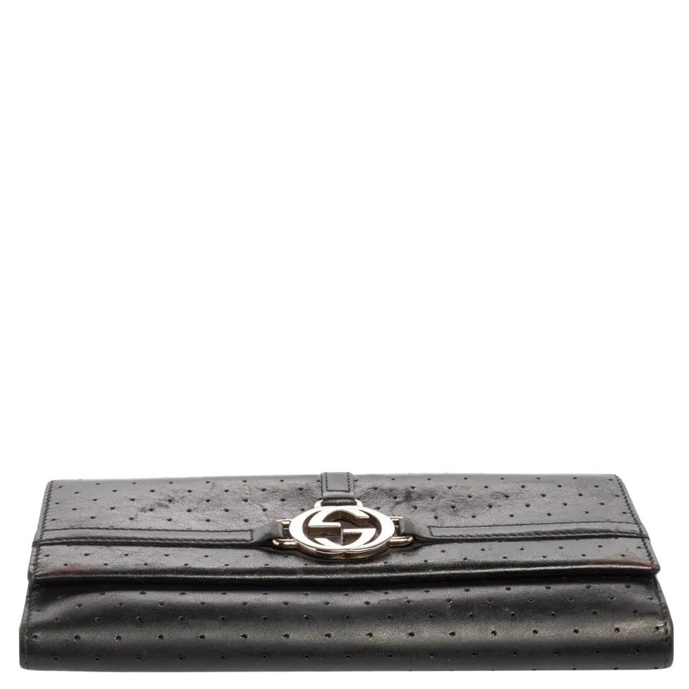 Gucci Black Perforated Leather Interlocking GG Continental Wallet