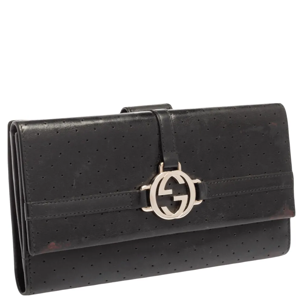 Gucci Black Perforated Leather Interlocking GG Continental Wallet
