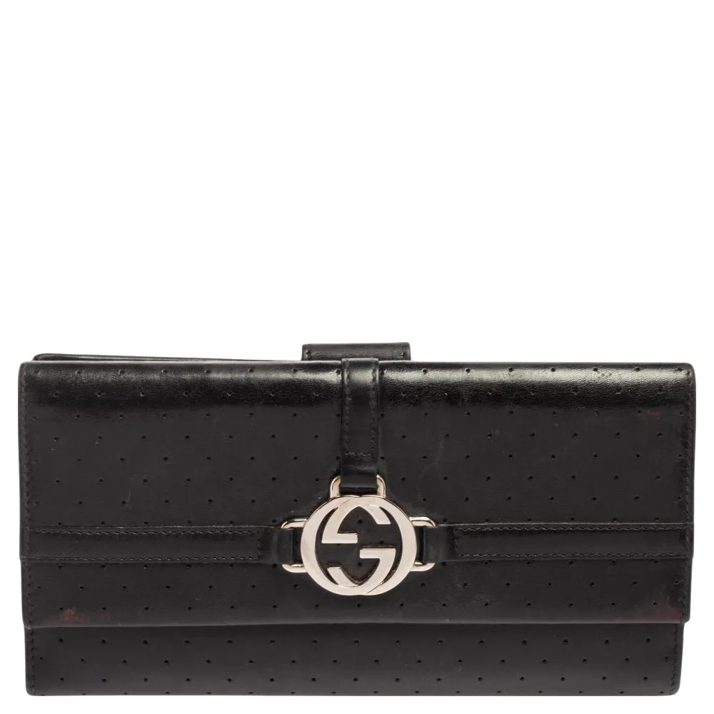 Gucci Black Perforated Leather Interlocking GG Continental Wallet