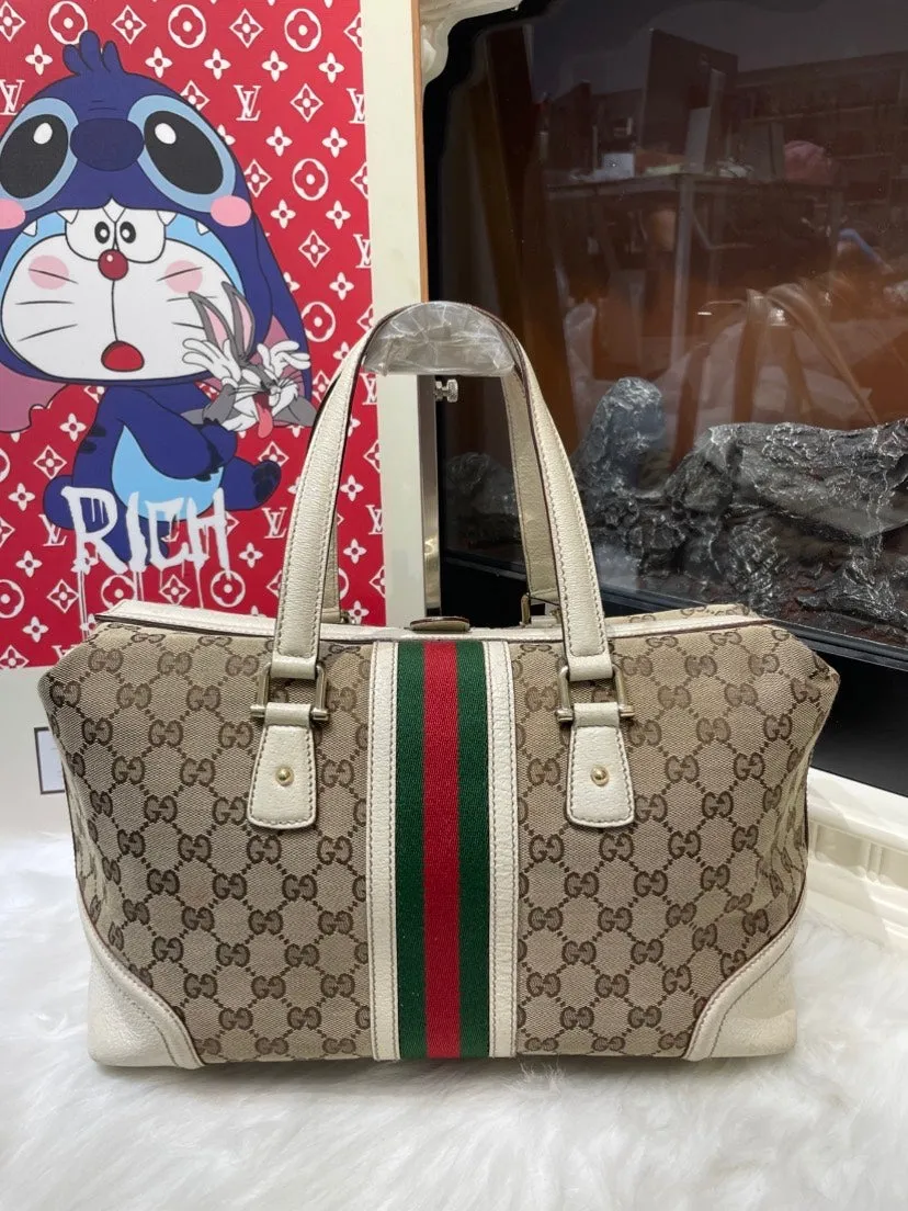 Gucci GG Monogram Beige & White Canvas Satchel Bag