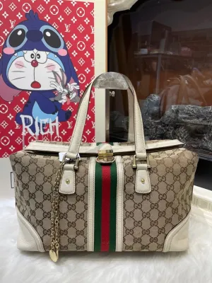 Gucci GG Monogram Beige & White Canvas Satchel Bag