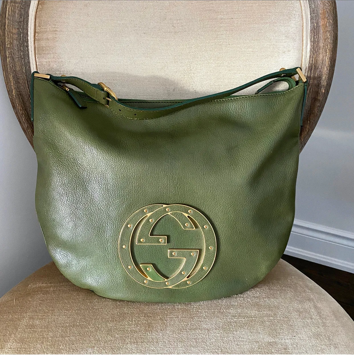 Gucci Green Small Blondie GG Logo Leather Hobo Bag