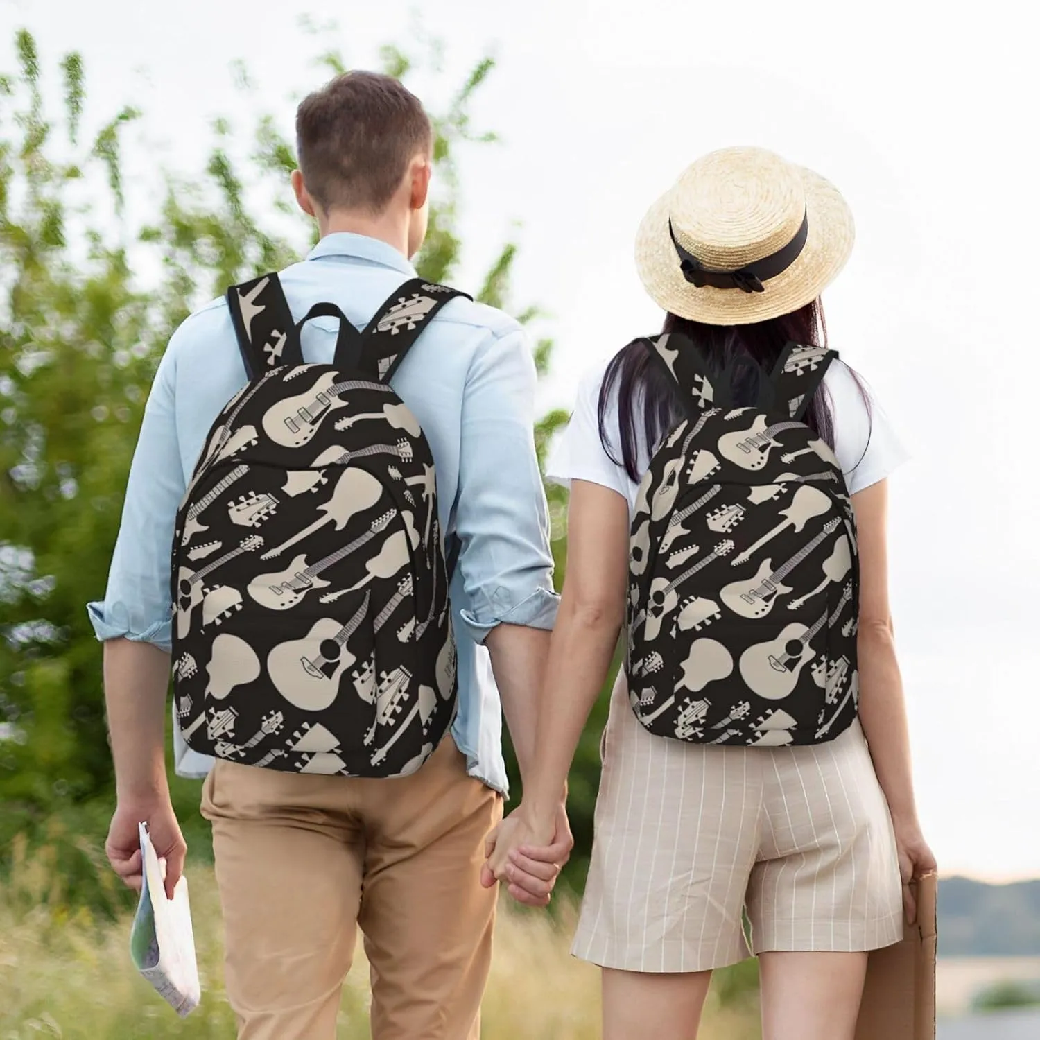 Guitar Pattern Print Canvas Backpack Women,Mens Travel Casual Daypack Bookbag For Laptop Work Travel Hiking